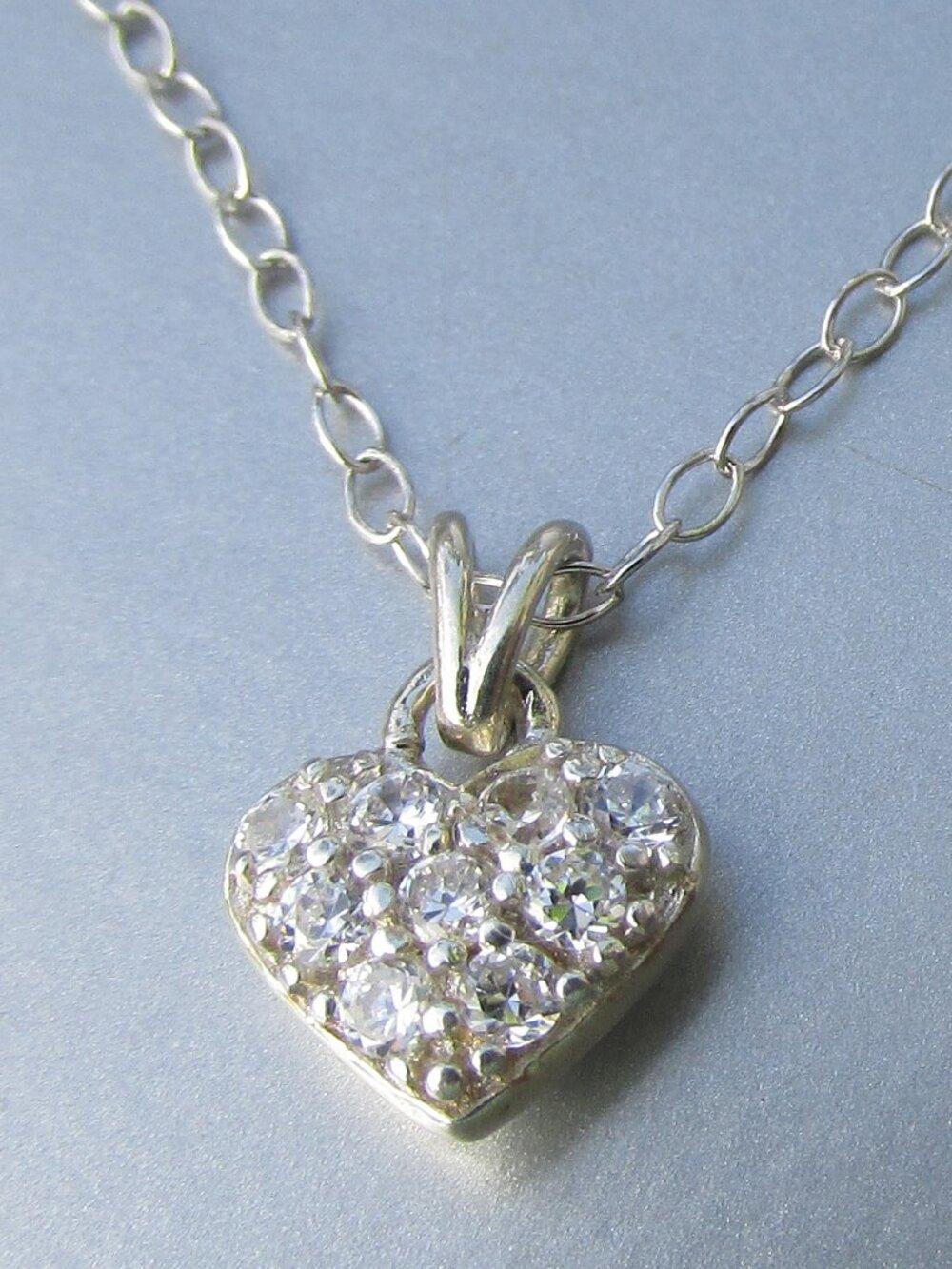 Petite Sterling Silver Vintage CZ Puffy HEART Pendant 18" Necklace